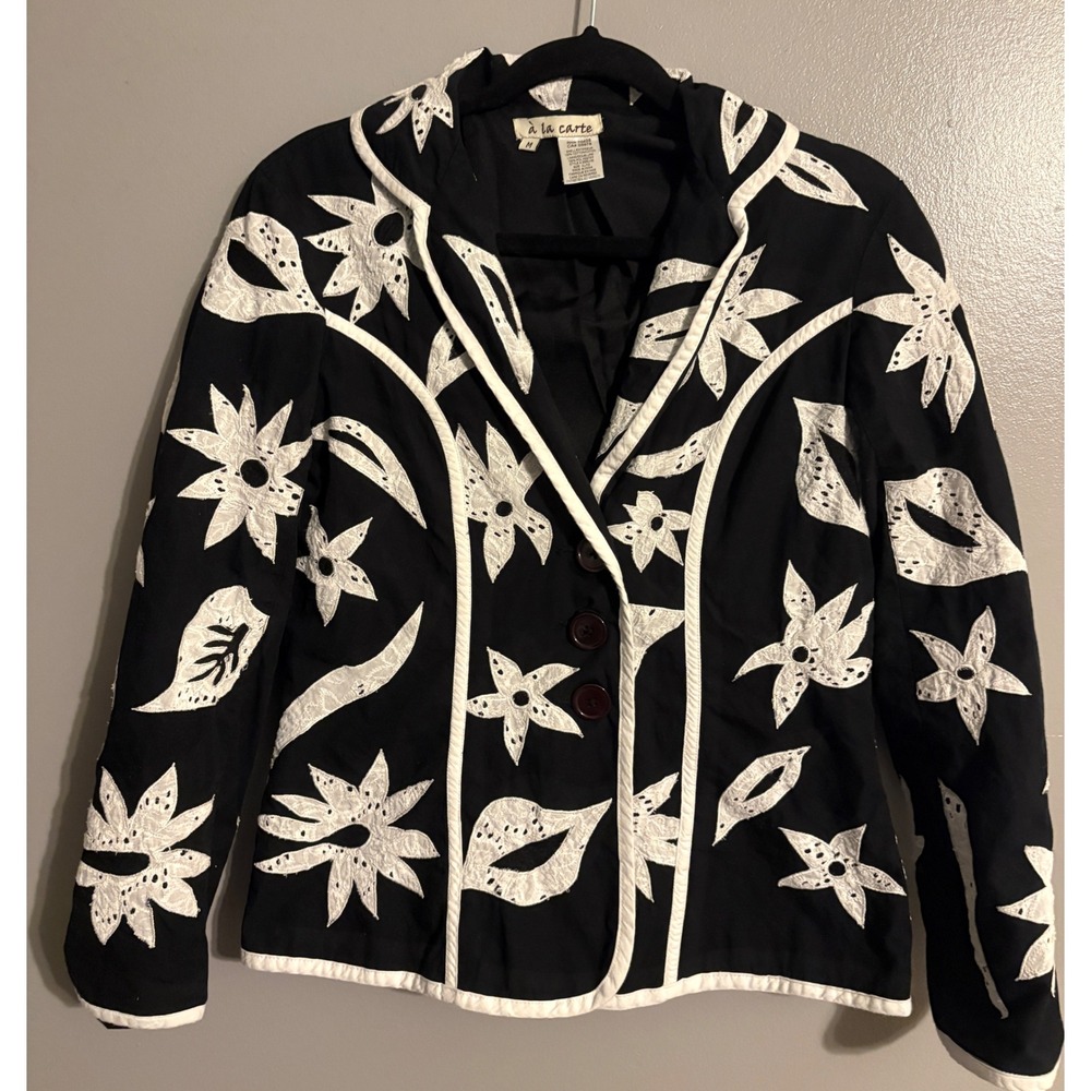 A la Carte Womens Black White Floral Applique Cotton Blazer Size M 2326J-68